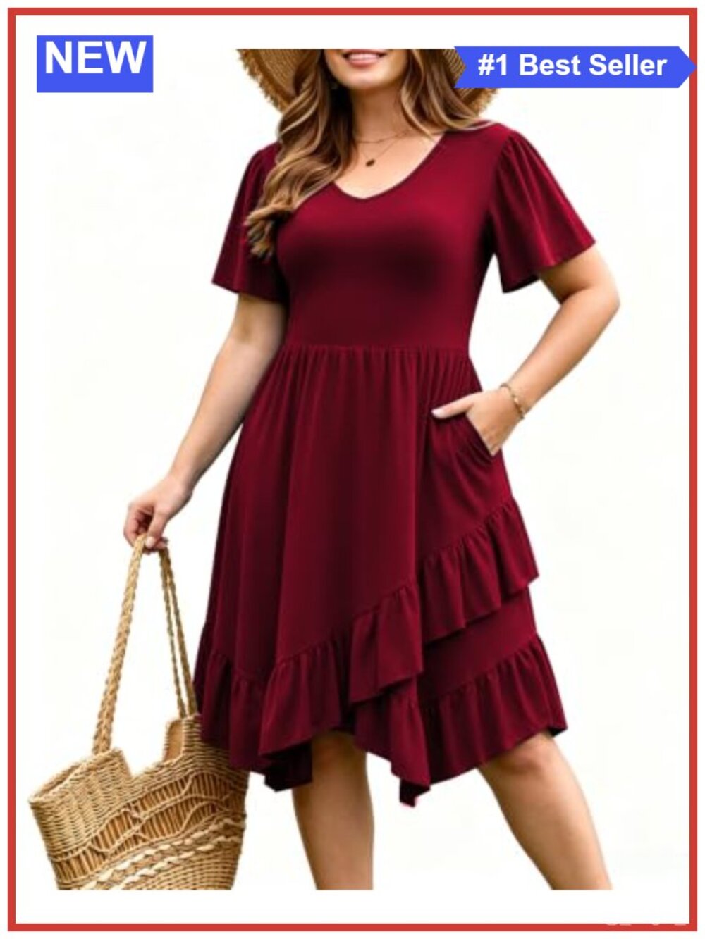 Plus Size V Neck Short Sleeve Maxi Dress with Pockets Ruffled Hem